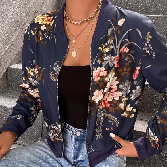 Boho Floral Print Zipper Light Bomber jacket - Picture 3 of 5